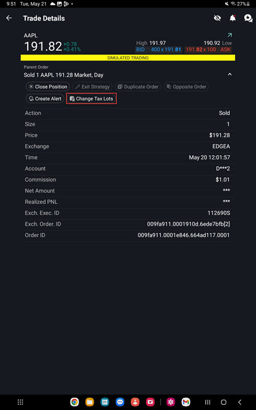 The changetax lots button on the Android Tablet